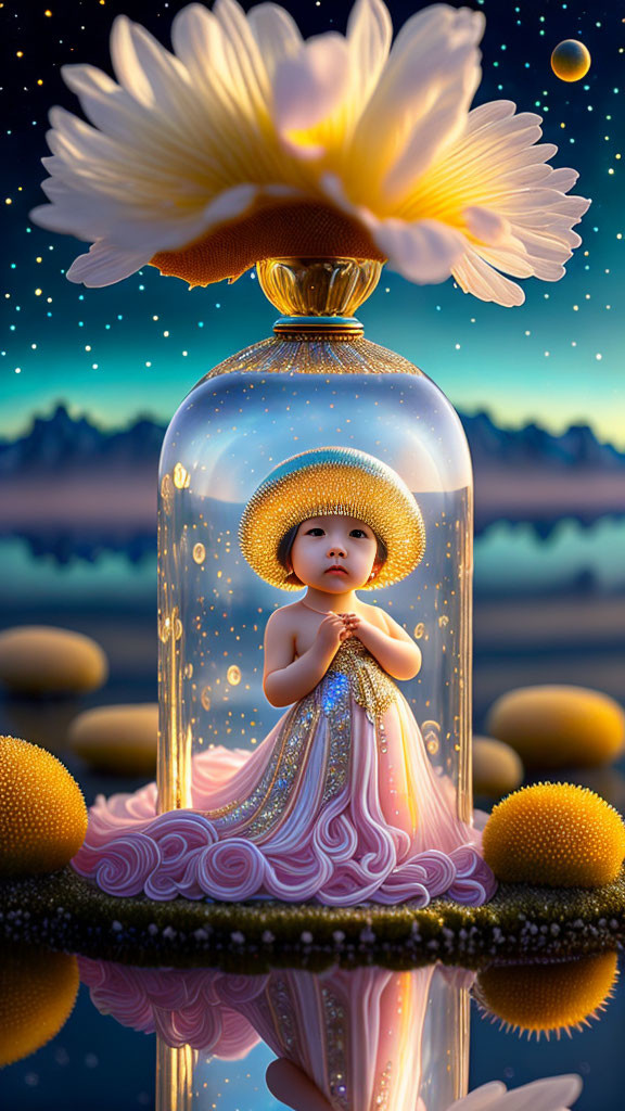 Whimsical illustration of angelic figure in bottle with flower on fantastical nighttime backdrop