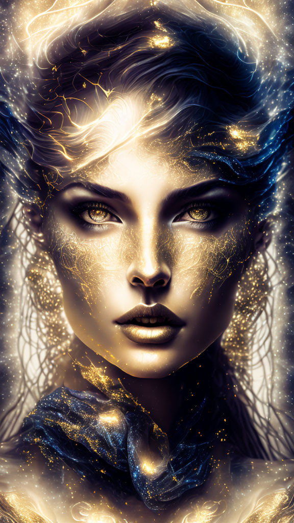 Cosmic-themed digital artwork of woman with golden glowing designs