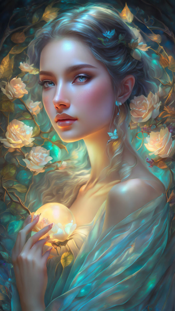 Serene woman with braided hair in blue garment among luminous roses and glowing orb