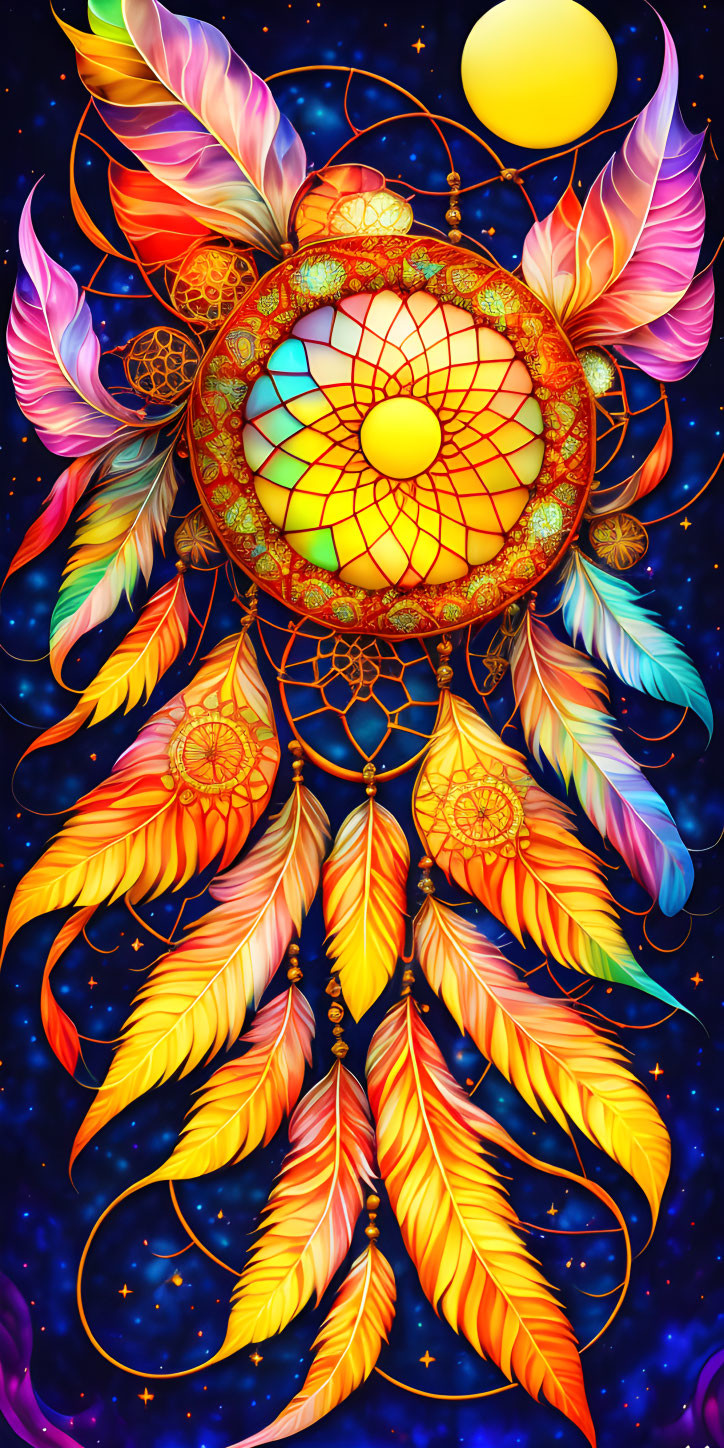 Colorful dreamcatcher with mosaic pattern center and feathers on starry night sky backdrop.