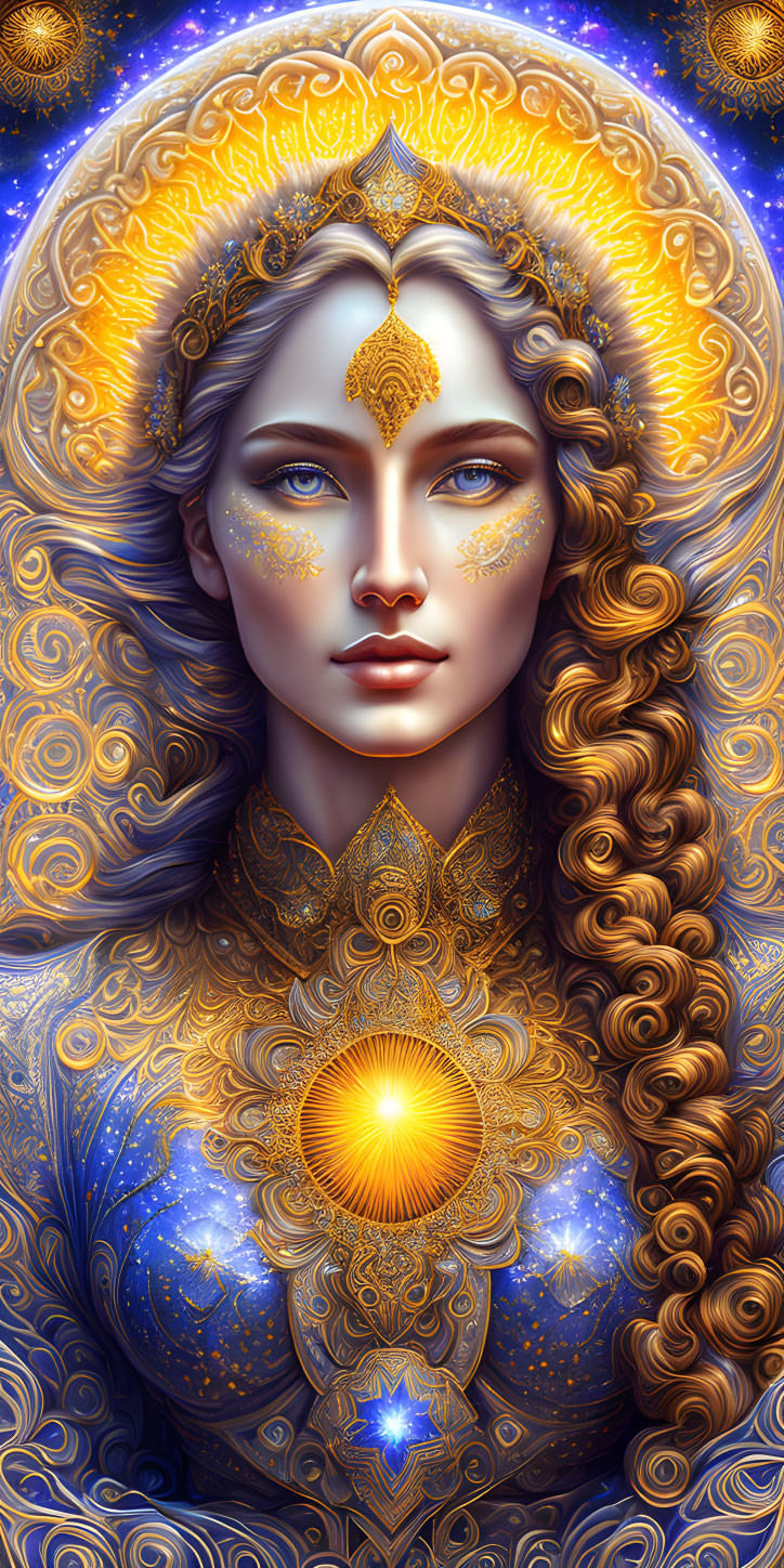 Celestial-themed woman illustration with golden jewelry and sun symbols