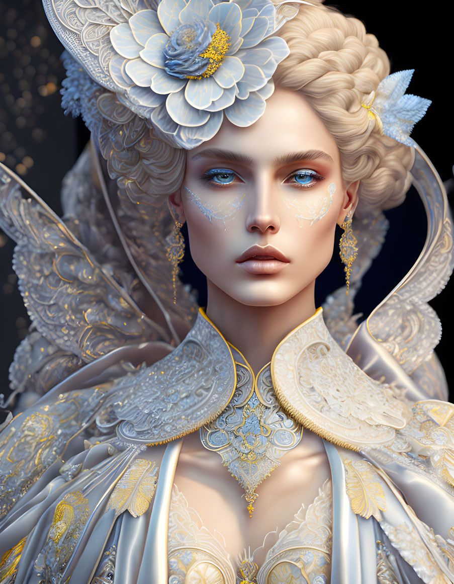 Regal woman in ornate gold and white attire