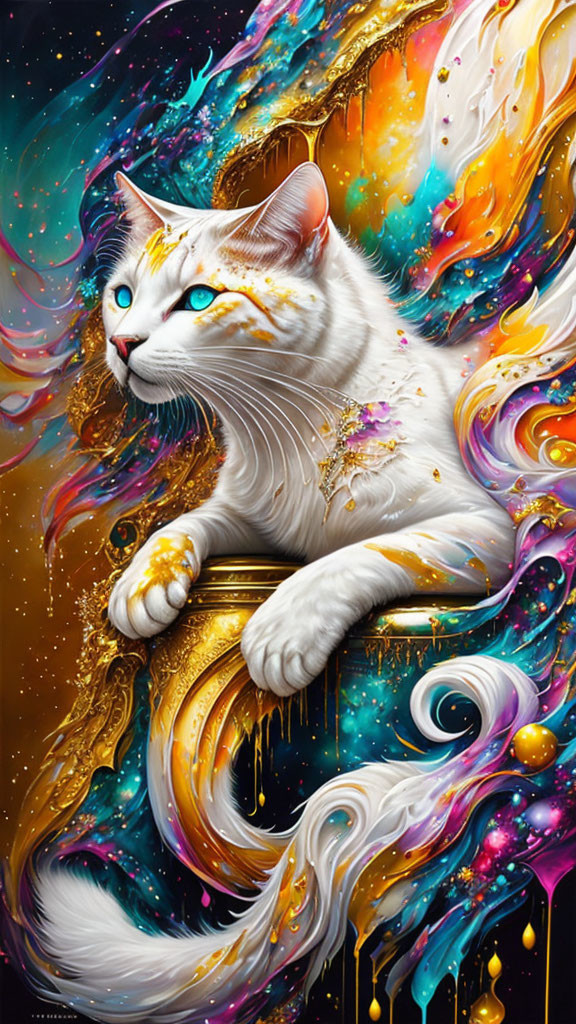 White Cat with Celestial Blue Eyes on Vibrant Cosmic Background