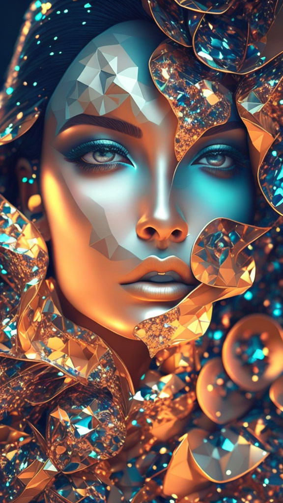 Blue-skinned woman surrounded by golden geometric patterns and jewels