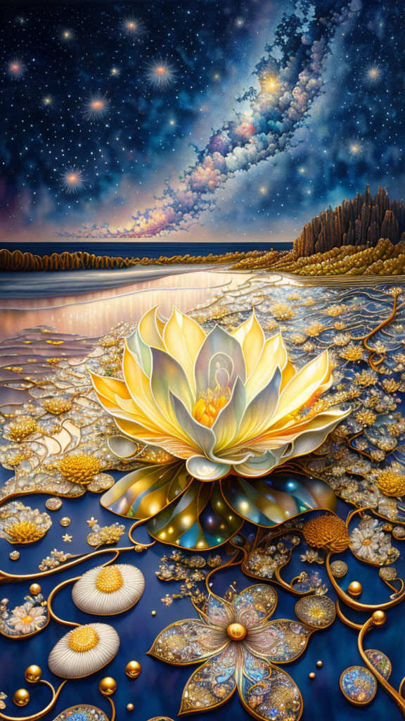 Lotus Flower Illuminated on Tranquil Waters at Night