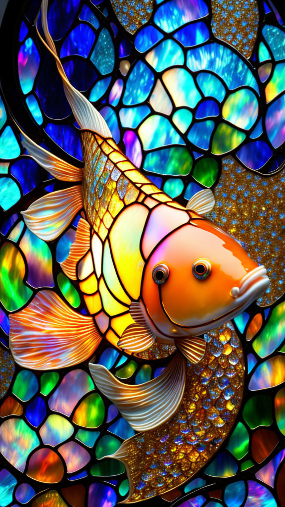 Colorful Stained Glass Fish Mosaic in Blues, Oranges, and Golds