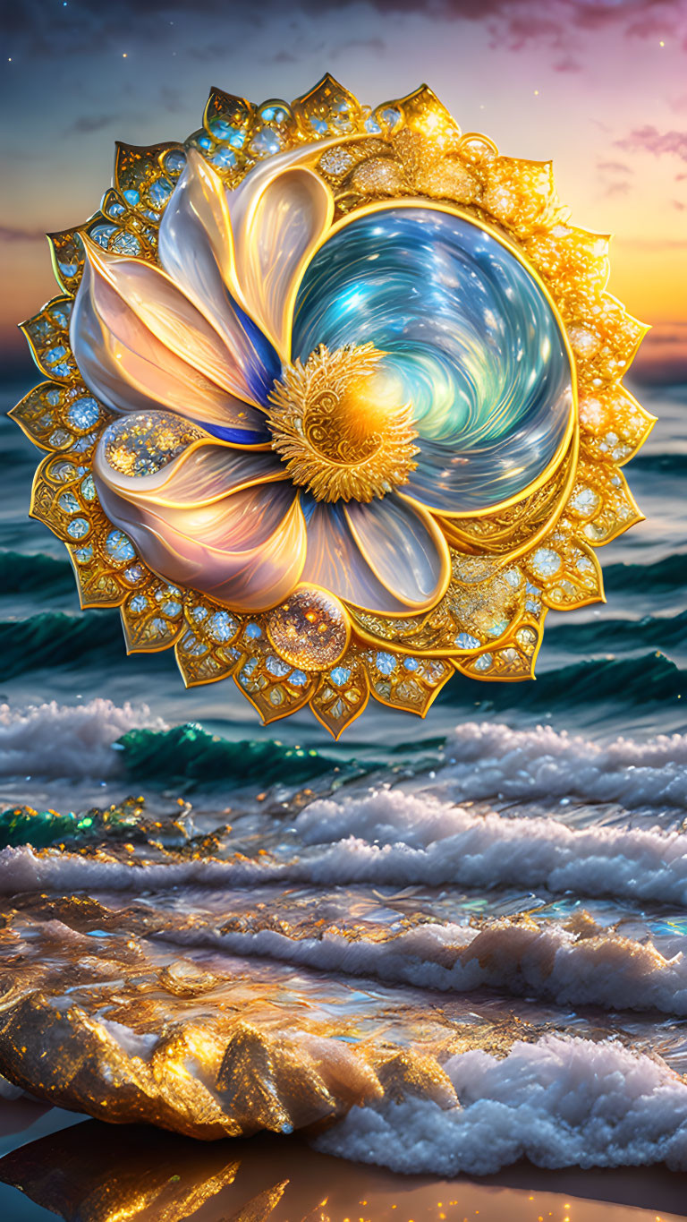 Golden mandala over sea with sunset sky in digital art