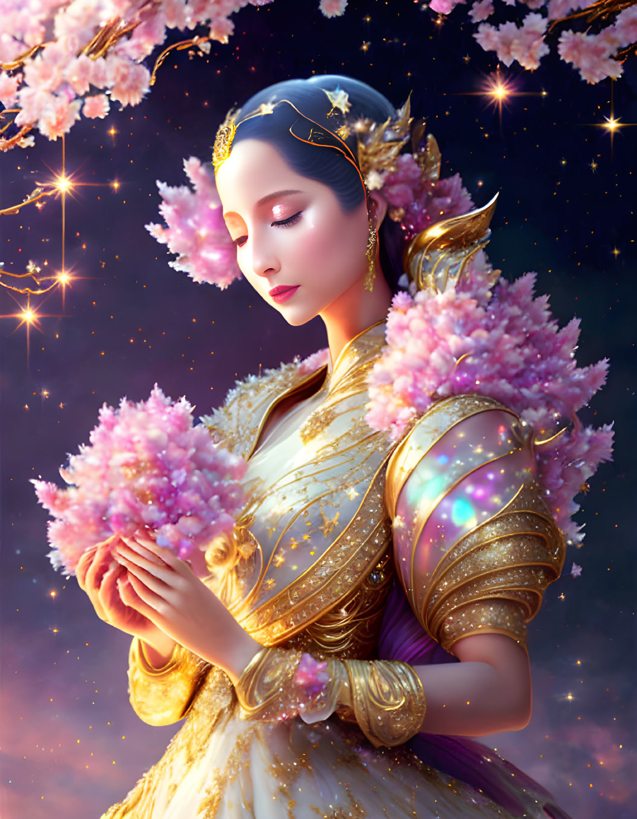 Digital artwork: Woman in gold costume amid pink blossoms under starry sky