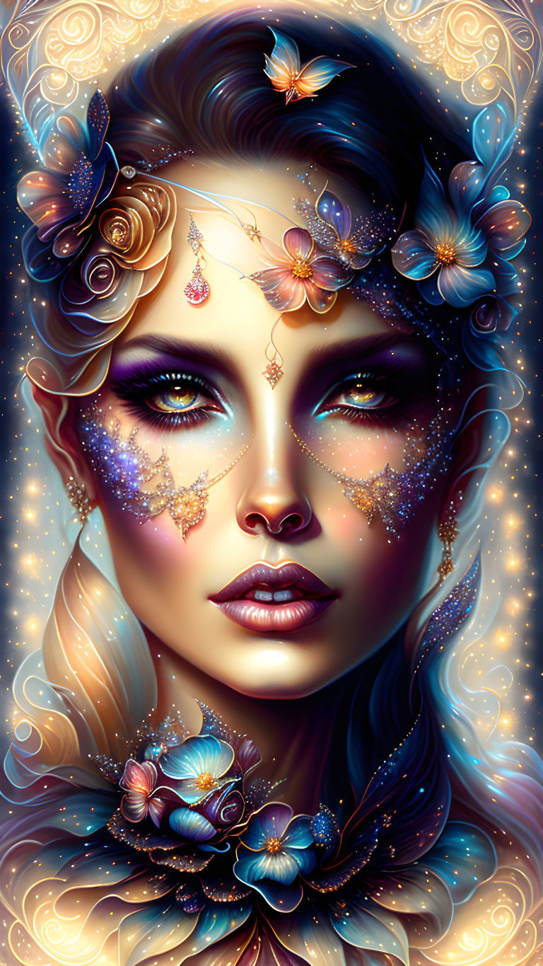 Digital portrait of woman with flowers, butterflies, sparkling makeup, and ethereal glow