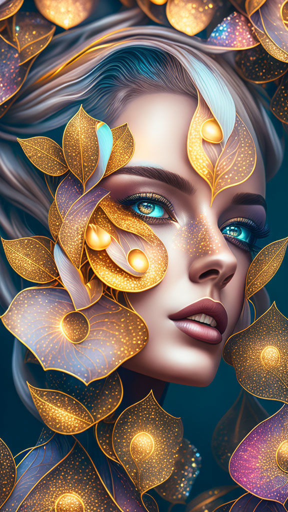 Digital portrait: Woman with golden leaves, blue eyes.