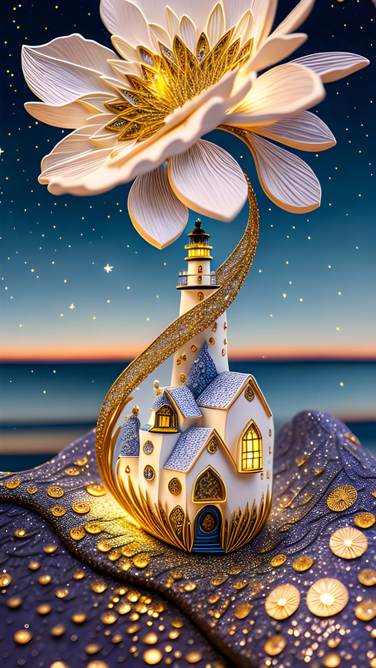 Fantastical lighthouse on flower with spiral staircase in starry night sky