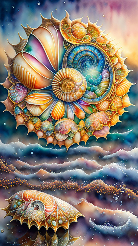 Colorful surreal artwork: ornate seashells in celestial dreamlike setting.