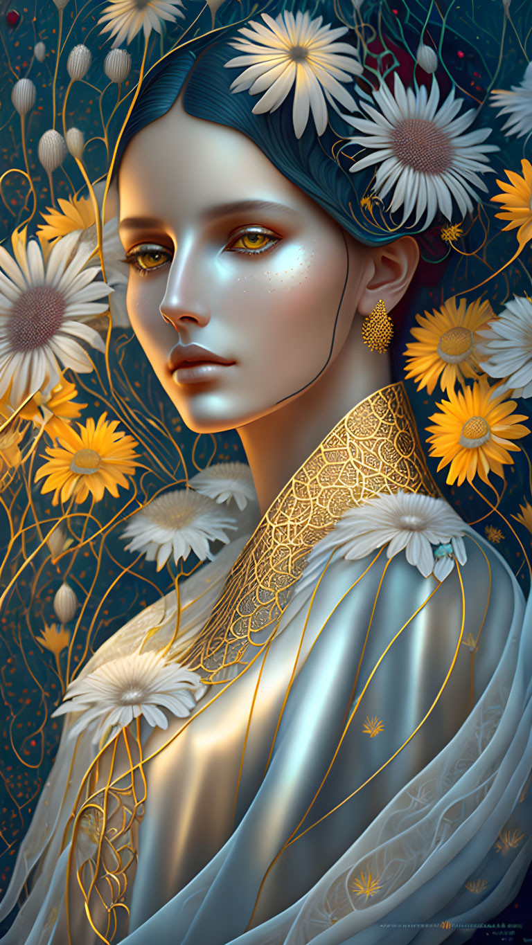 Woman surrounded by golden and white flowers in intricate attire.