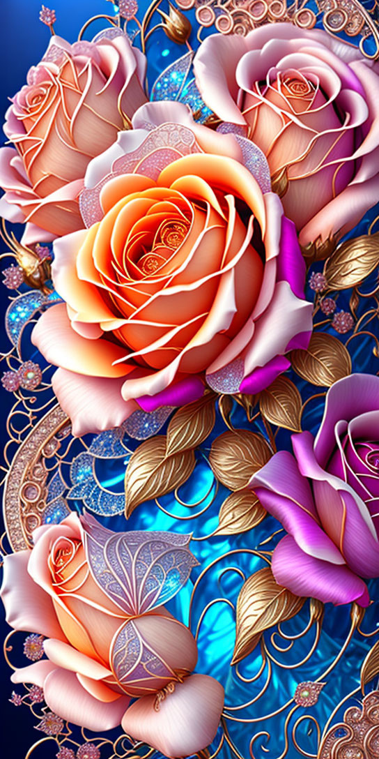 Vibrant peach and purple roses on blue background with gold patterns