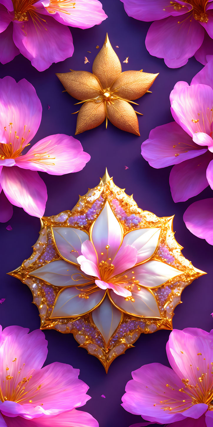 Golden lotus emblem with pink cherry blossoms on purple background