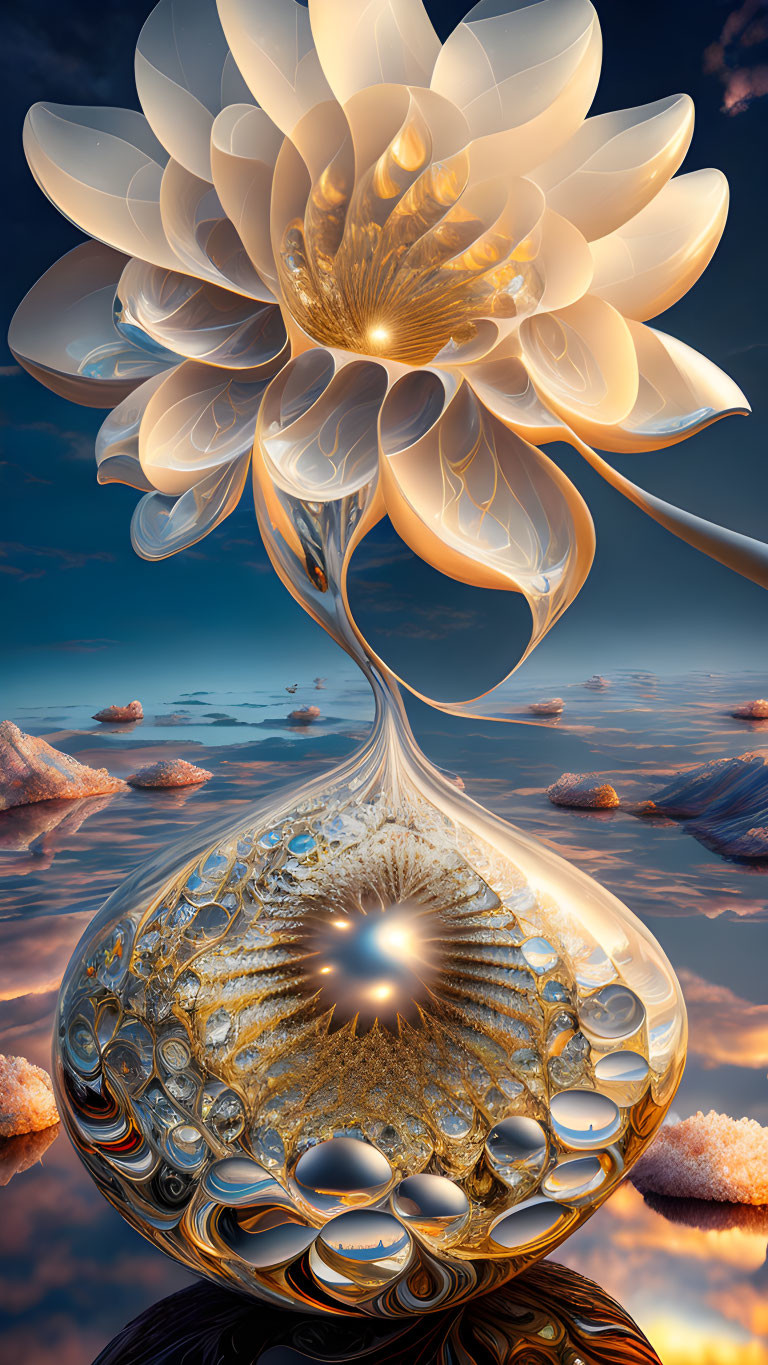 Surreal digital artwork: white lotus with golden details in blue sky