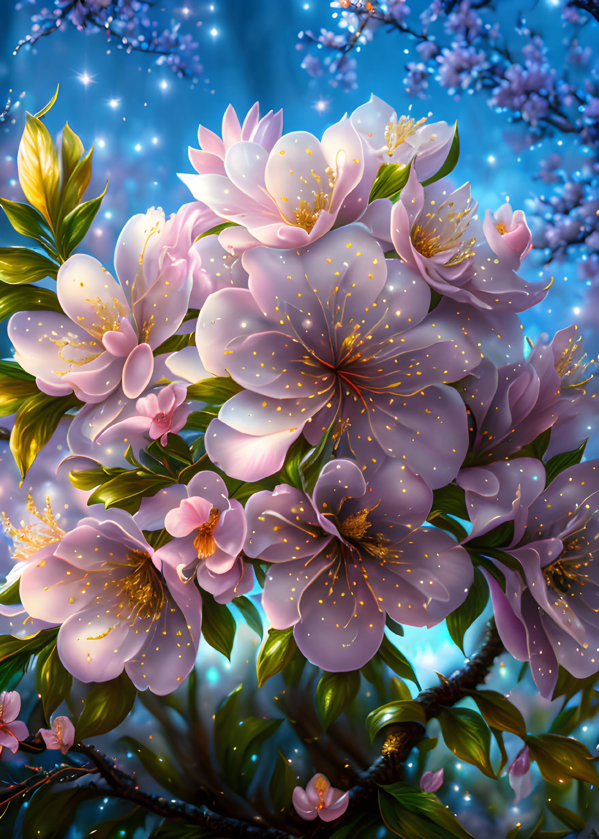 Colorful digital artwork: Pink cherry blossoms with golden stamen on bokeh backdrop.