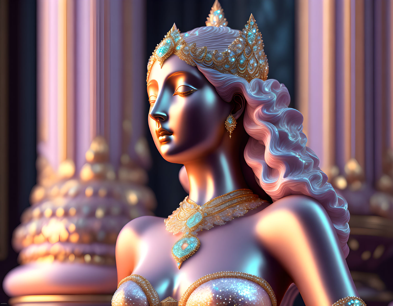 Stylized 3D illustration of elegant female figure with crown and ornate jewelry against classical backdrop