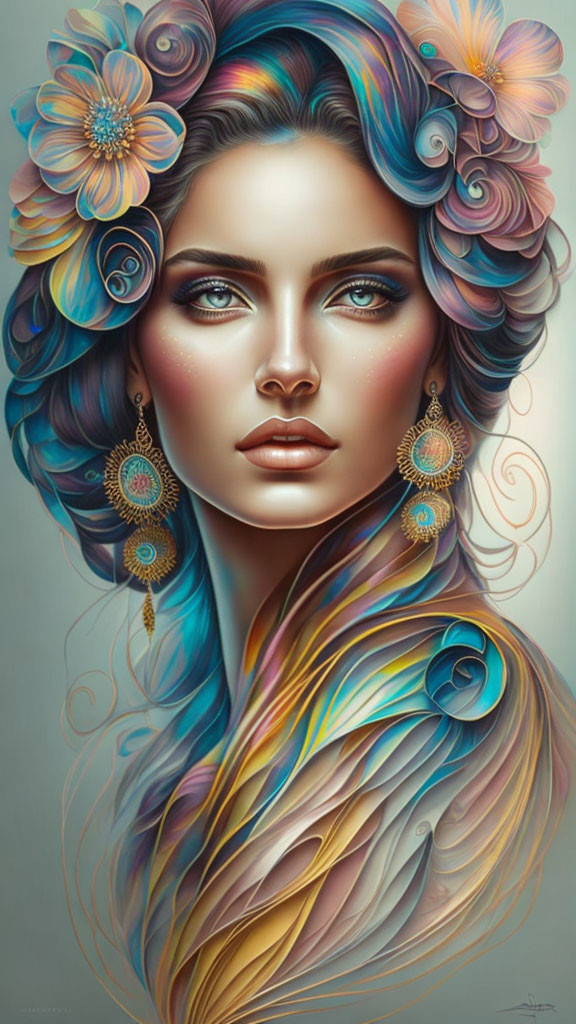 Colorful digital portrait of woman with floral and feather hair accessories.