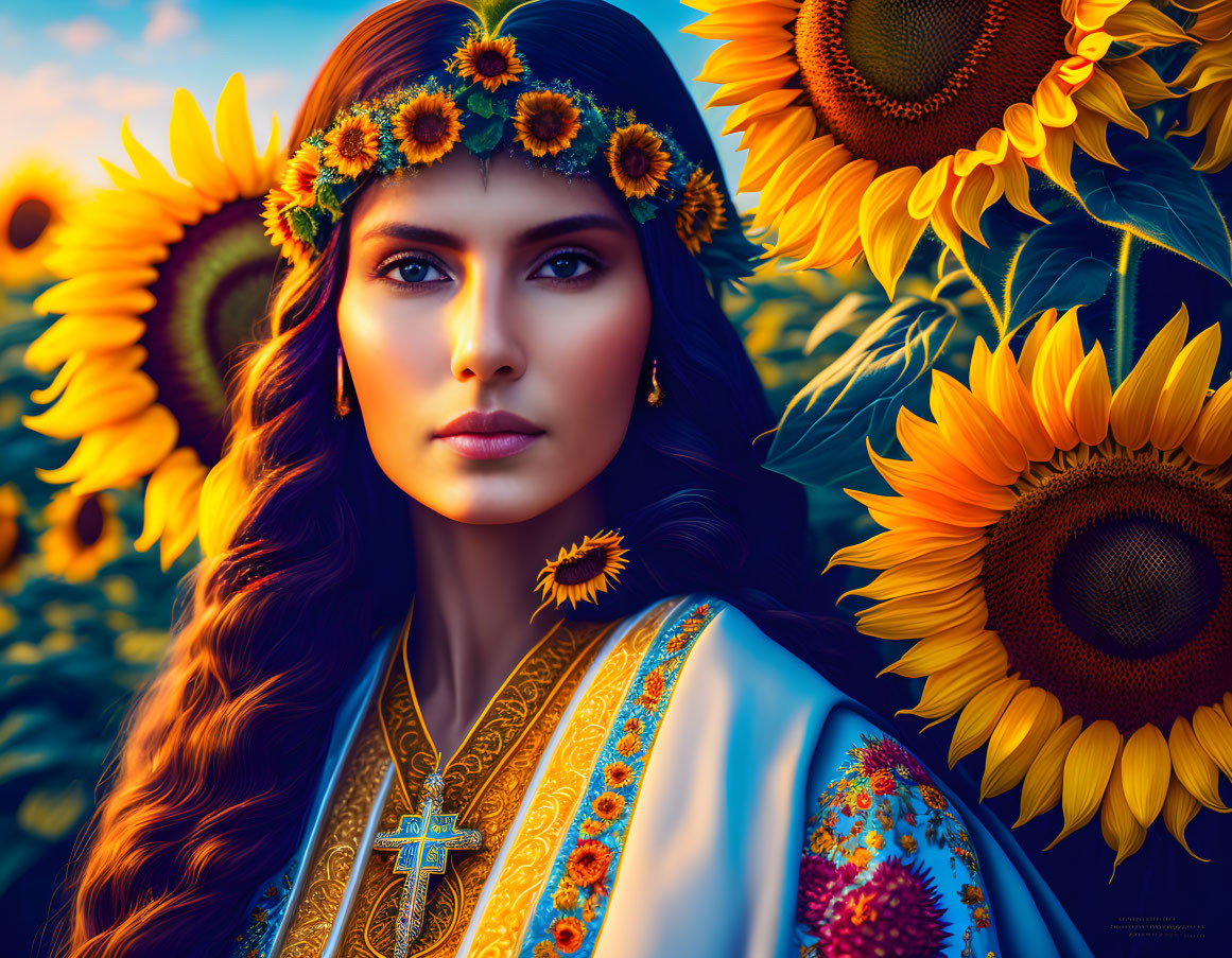 Woman in Sunflower Crown and Embroidered Dress Surrounded by Sunflowers at Golden Hour