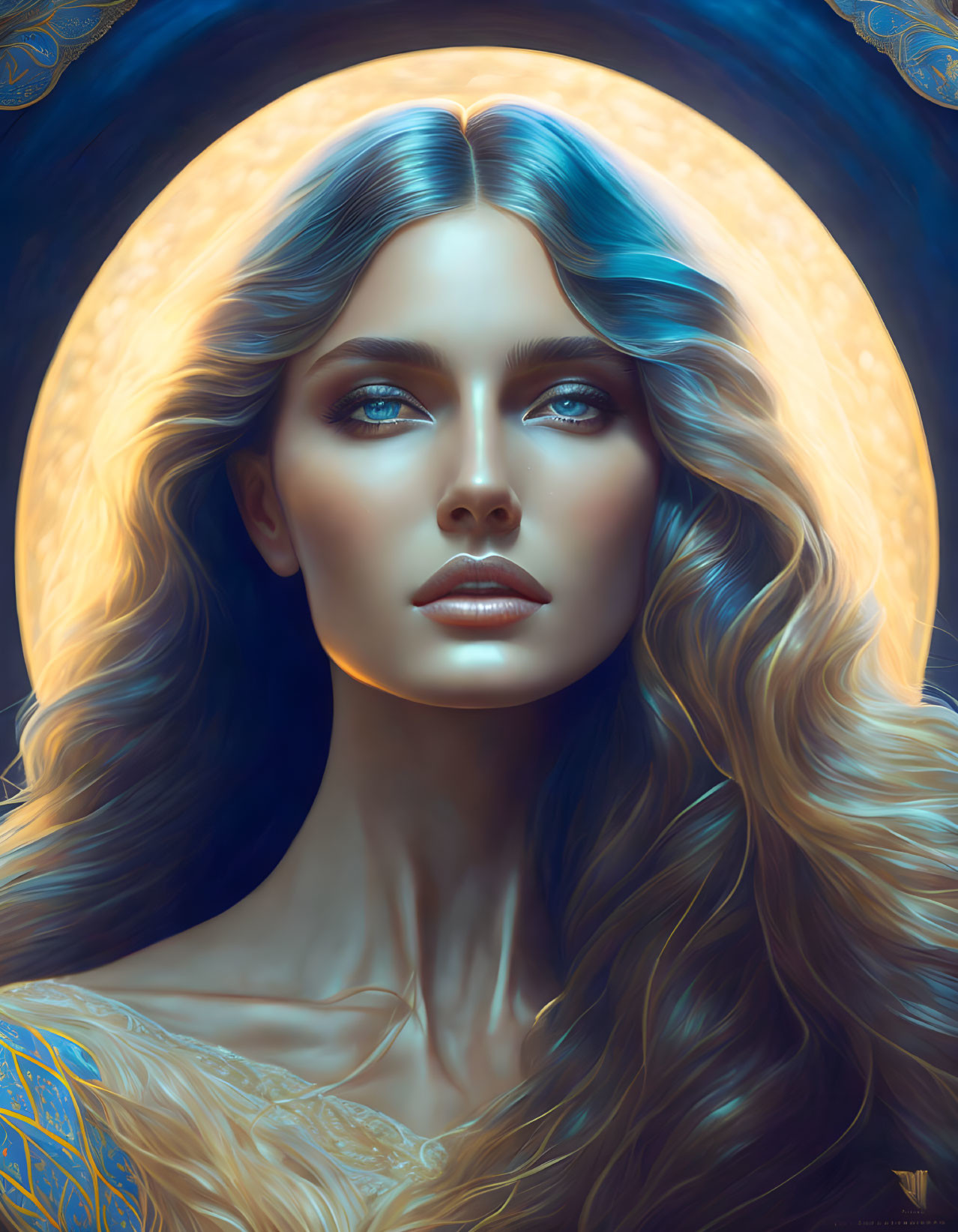 Ethereal portrait of a woman with golden hair and blue eyes