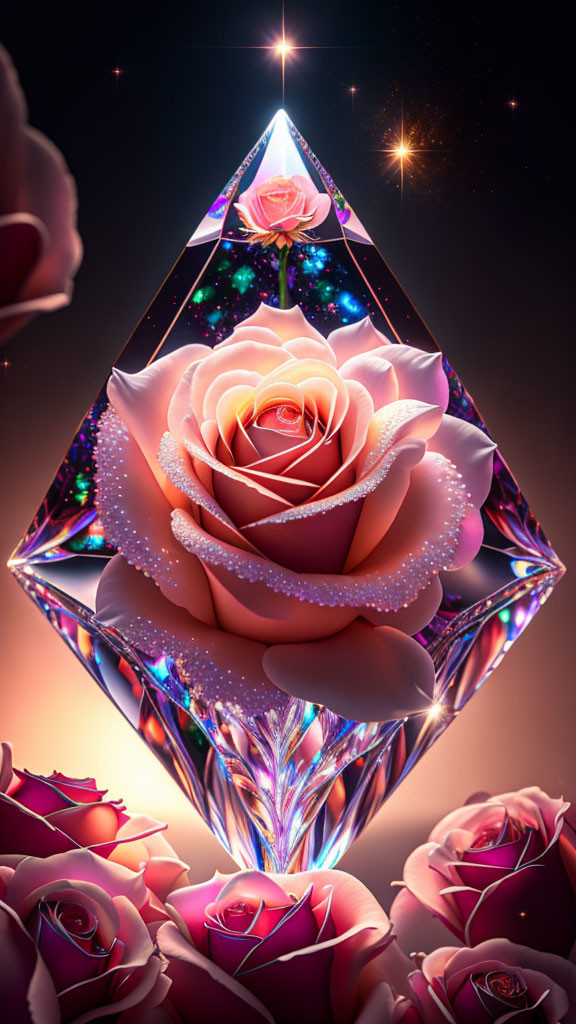 Colorful digital artwork: Luminescent rose in crystal with stars