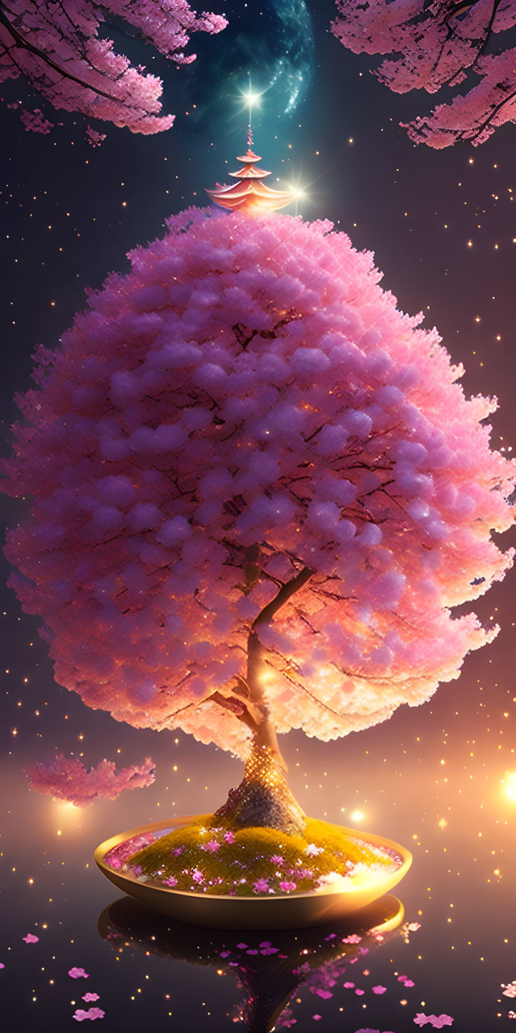 Vibrant cherry blossom tree on isolated mound under starry sky and glowing pagoda.