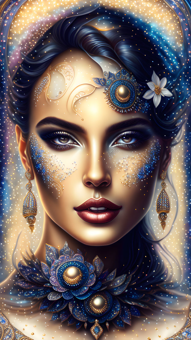 Illustrated woman with cosmic-themed makeup and celestial jewelry.