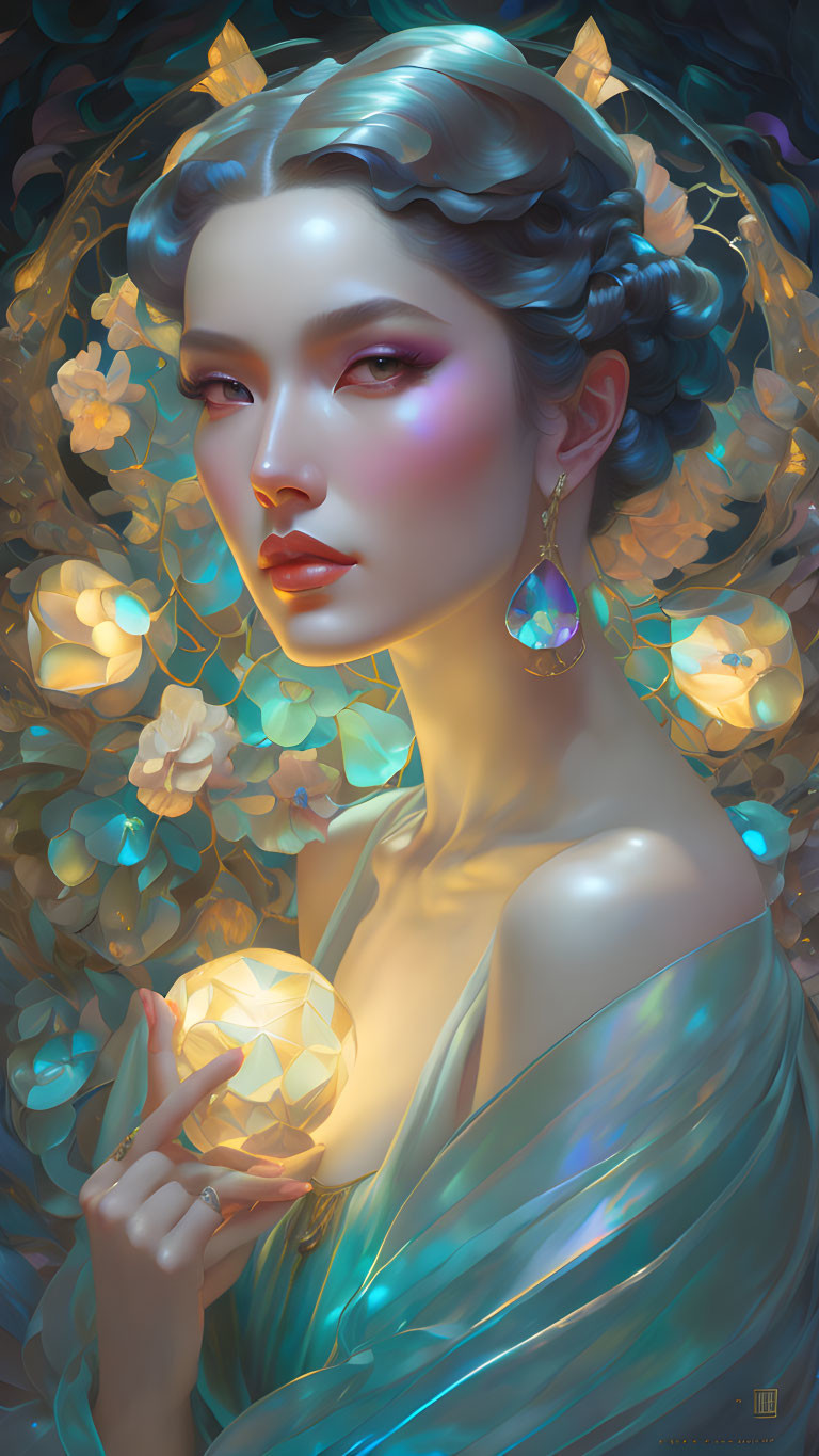 Illustrated woman with updo, glowing orb, surrounded by flowers in teal dress.