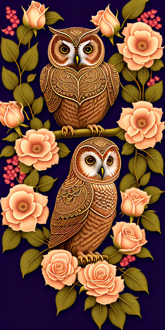 Illustrated Owls on Branches with Orange Flowers and Green Leaves