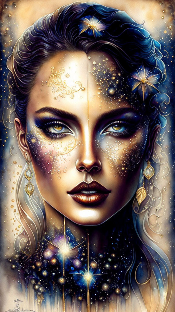 Celestial-themed fantasy portrait of a woman with golden cosmic makeup