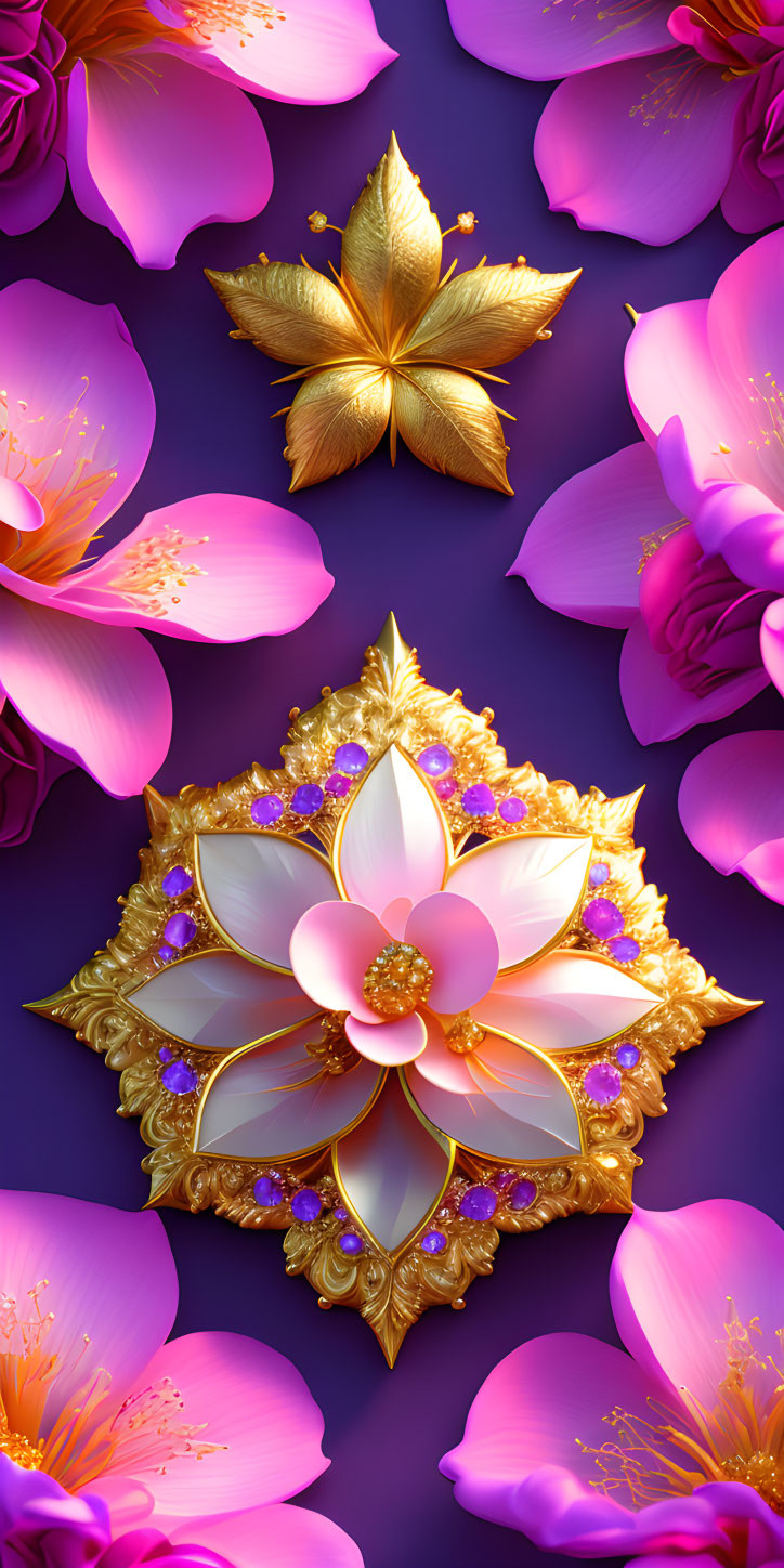 Colorful digital artwork: golden lotus with jewels, pink flowers, purple background