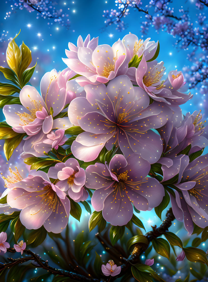 Vibrant digital art: Pink cherry blossoms, golden accents, dreamy blue sky