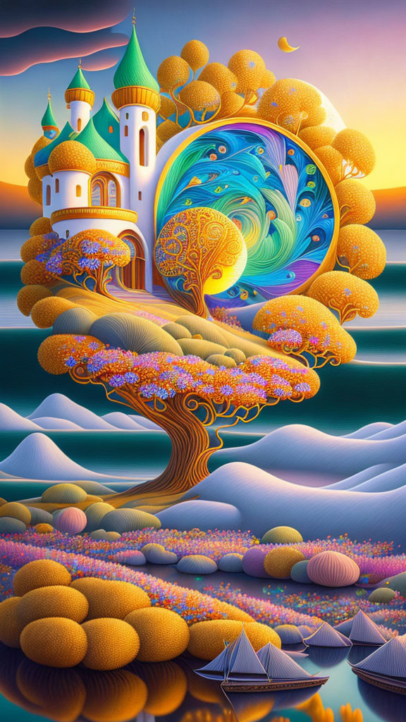 Colorful artwork: Castle on tree, golden foliage, sea with boats, sunset sky