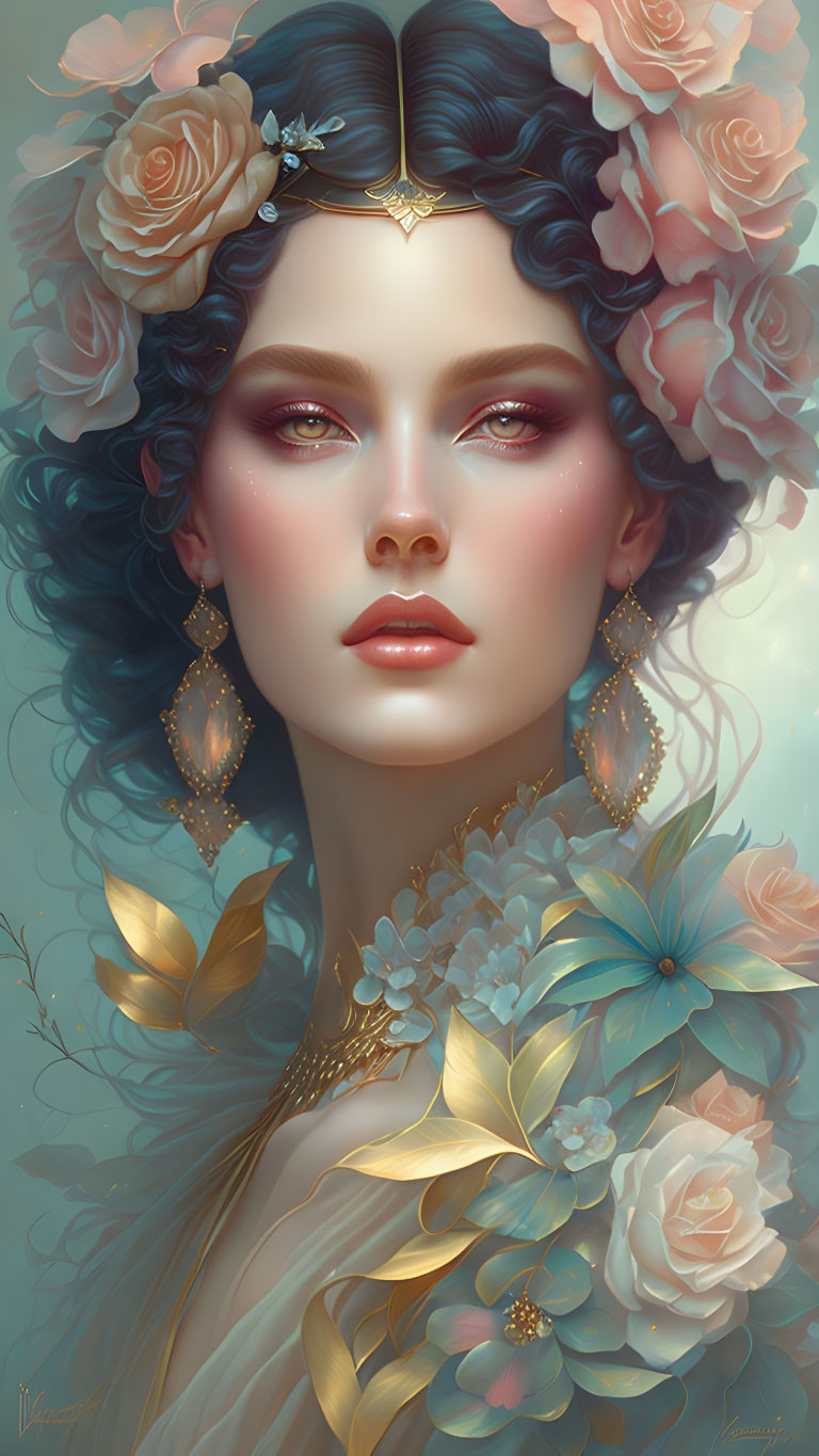 Illustrated portrait of woman with blue wavy hair, pink roses, and gold jewelry surrounded by floral