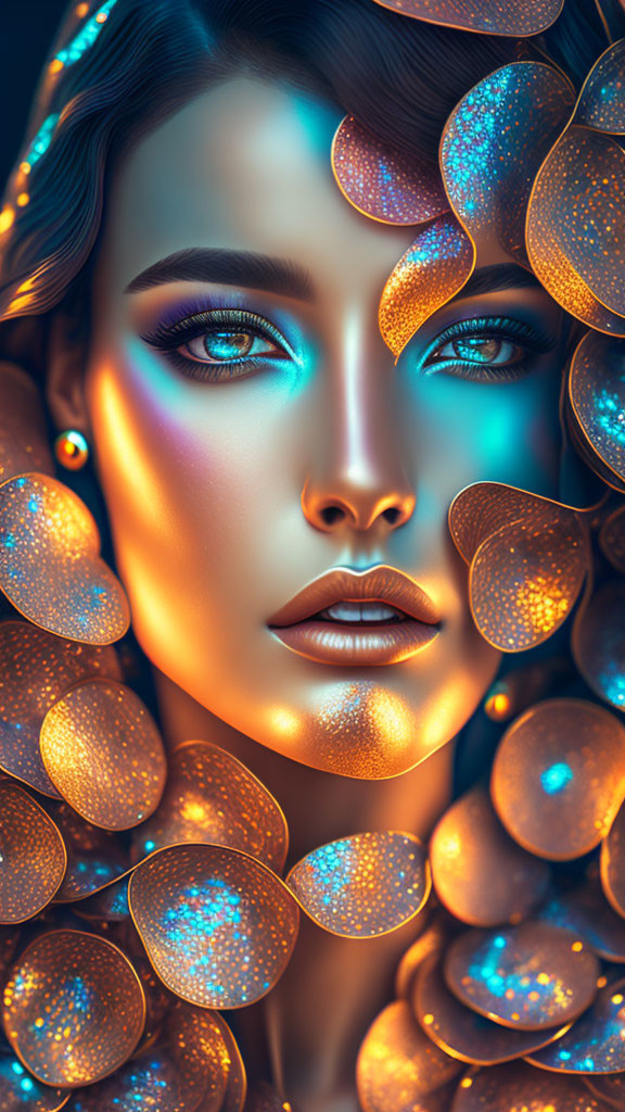 Woman with striking makeup in glowing, shimmering circles.