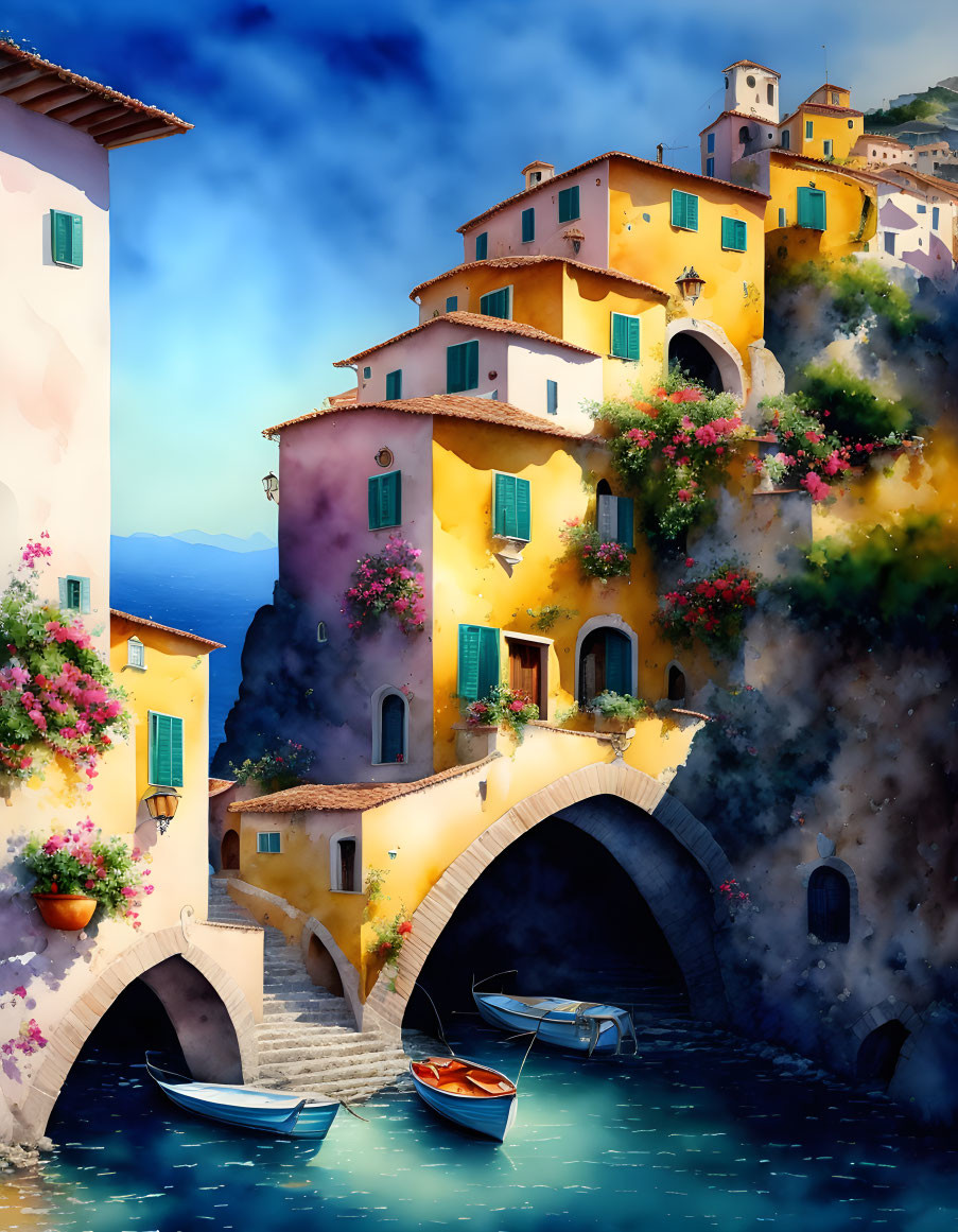 Vibrant Coastal Village Scene with Arched Bridge and Boats