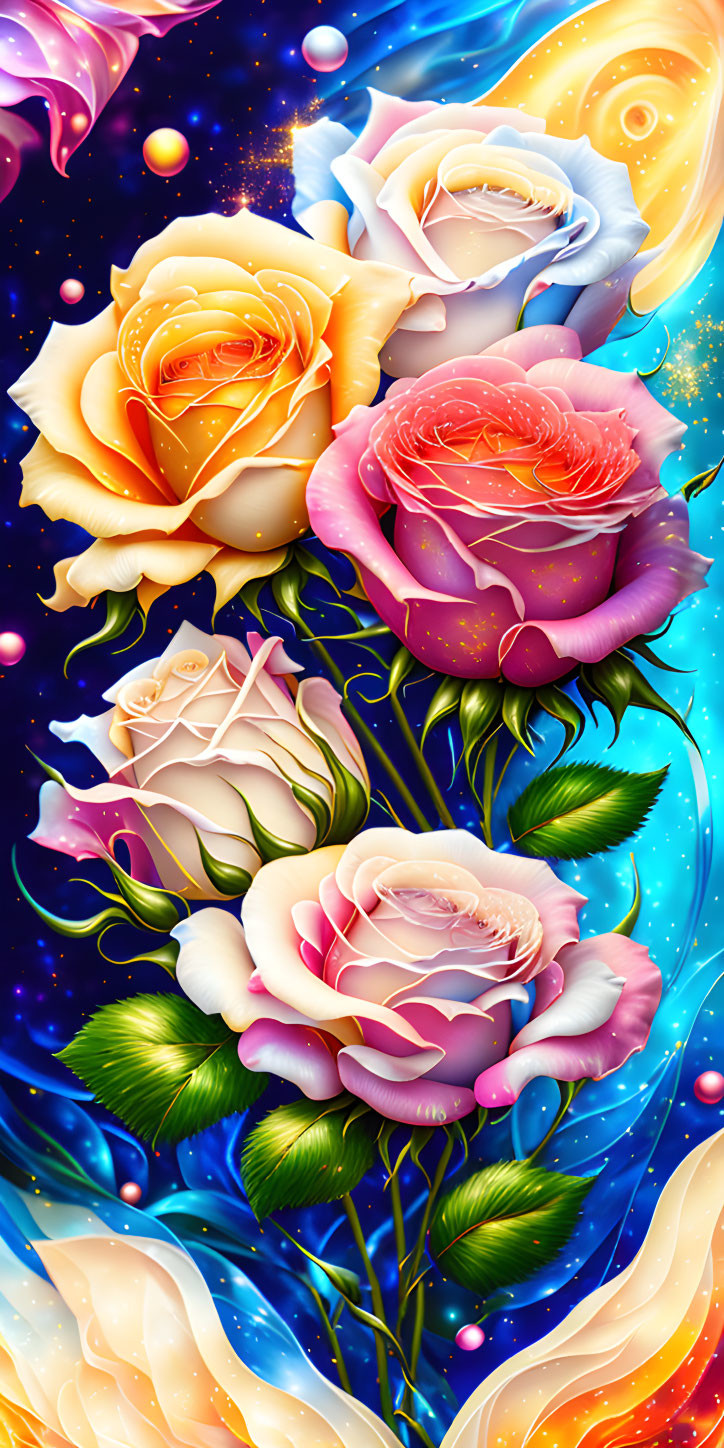 Colorful digital artwork: Vertical cascade of stylized roses on cosmic backdrop