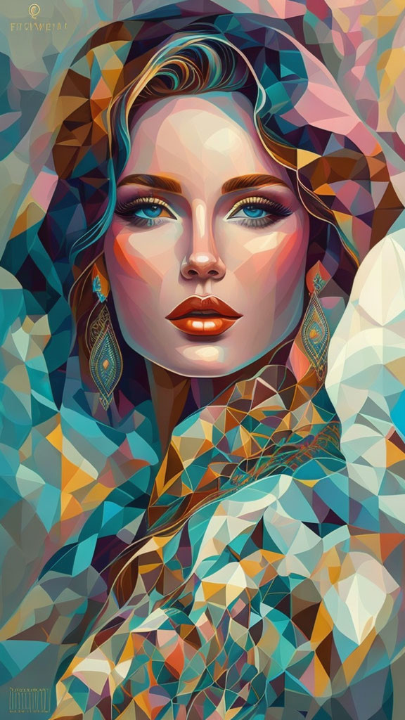 Colorful digital portrait: Woman with blue eyes, geometric patterns, blues, oranges, yellows