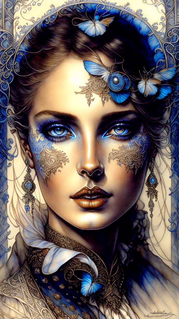 Illustrated woman with blue face art, butterfly hair, intricate jewelry, ornate background