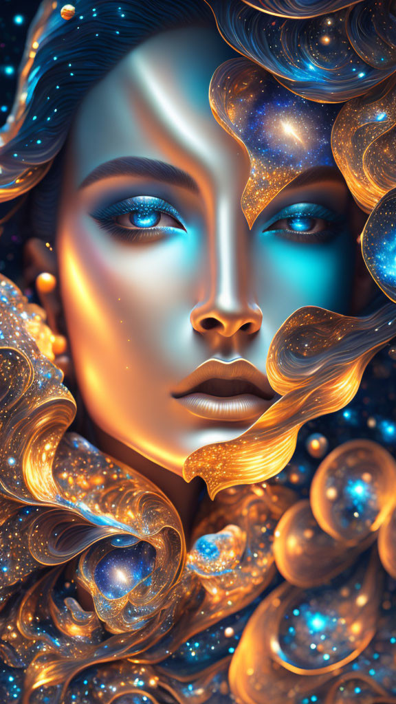 Surreal woman with flowing hair surrounded by stars and galaxies in blue and gold palette