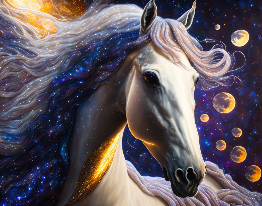 Mystical cosmic horse with night sky mane and floating orbs