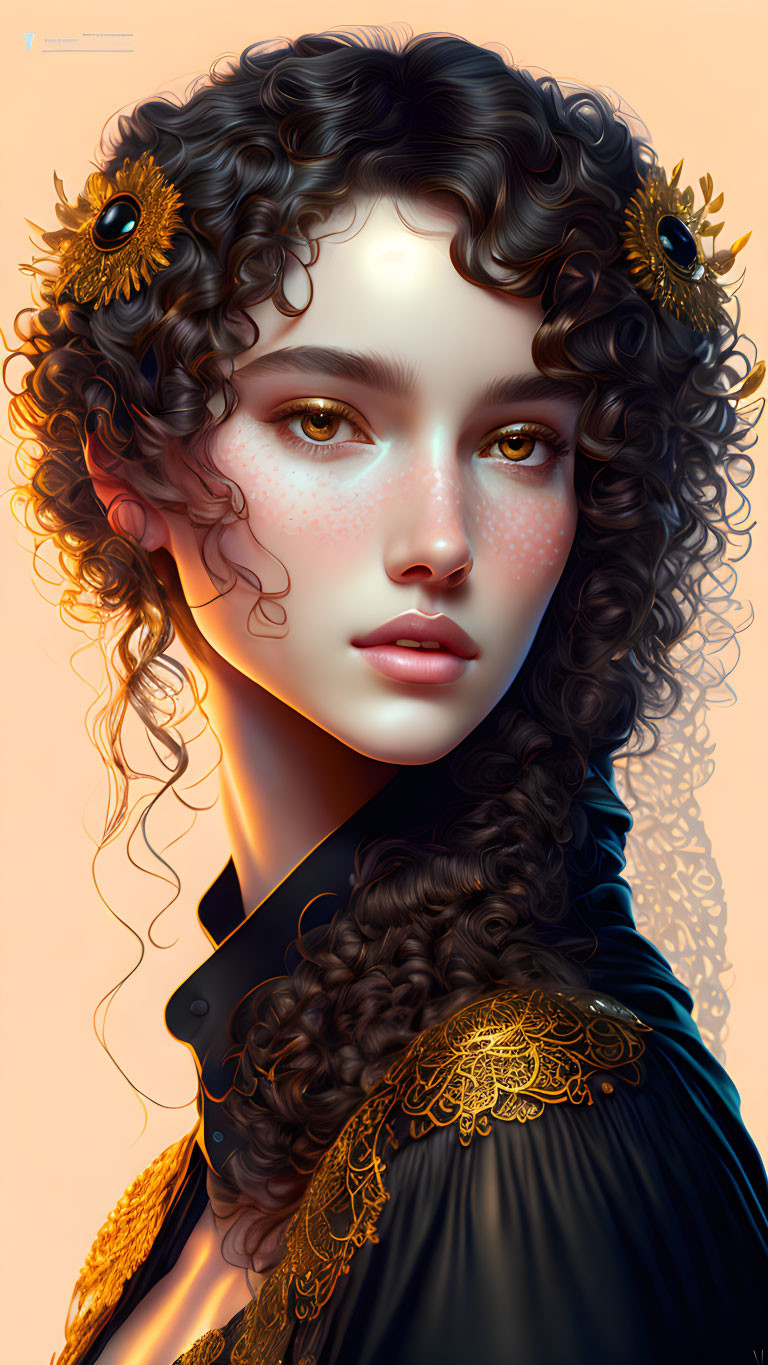 Curly-Haired Woman in Golden Accessories and Embroidered Black Jacket