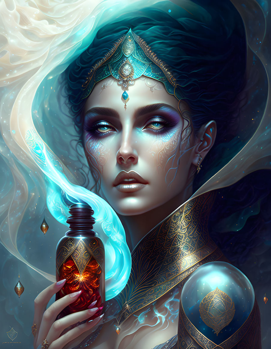 Mystical woman with glowing potion and ornate jewelry