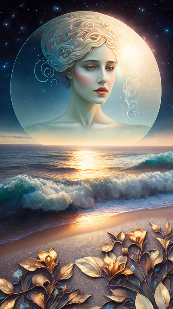 Moon-inspired woman's face over beach at sunset with golden flora