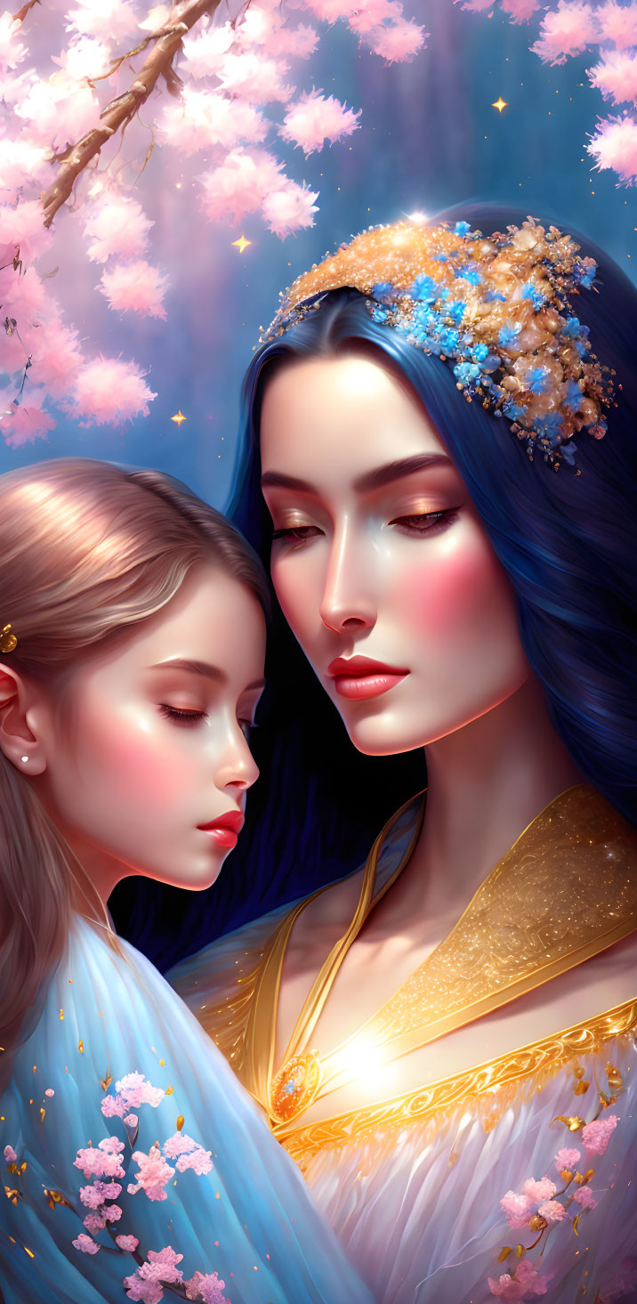 Ethereal female figures with golden adornments in celestial setting