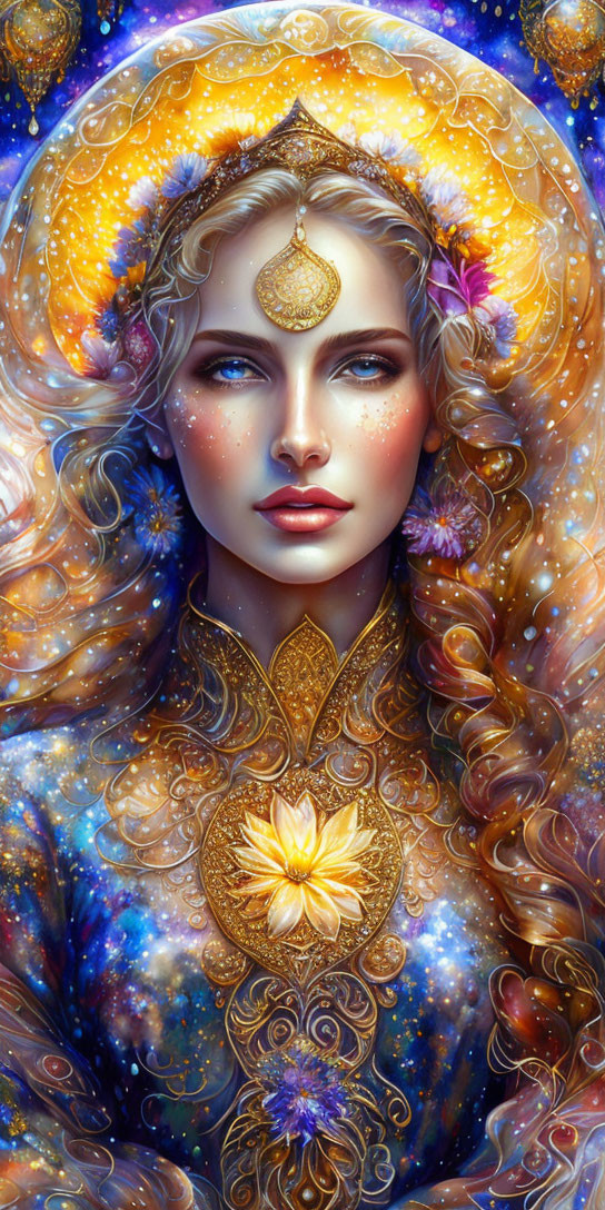 Celestial-themed woman illustration with gold, flowers, and stars.