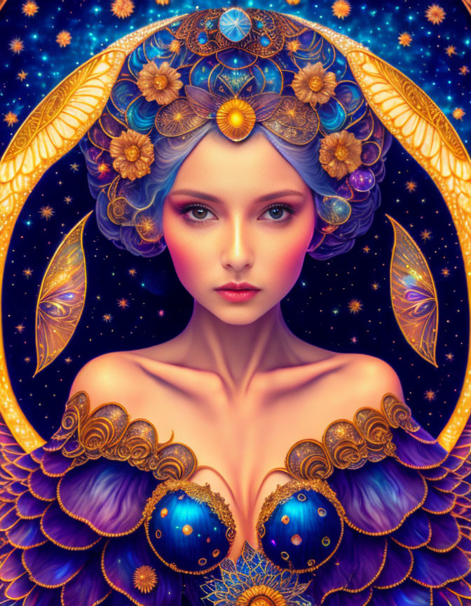 Celestial woman with floral headdress and golden halo.