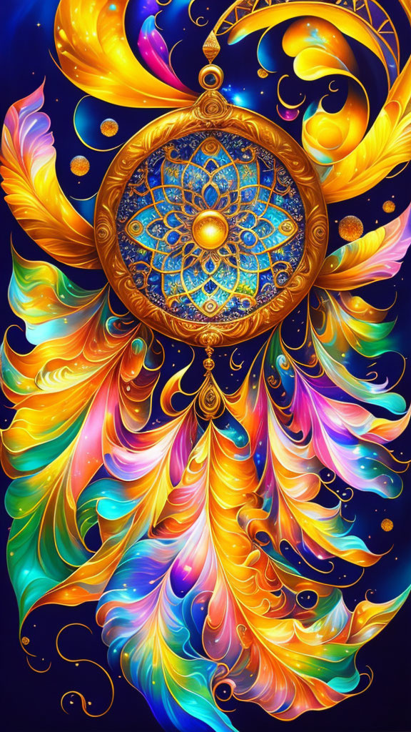 Golden dreamcatcher digital artwork in fiery orange and yellow palette against starry night sky.