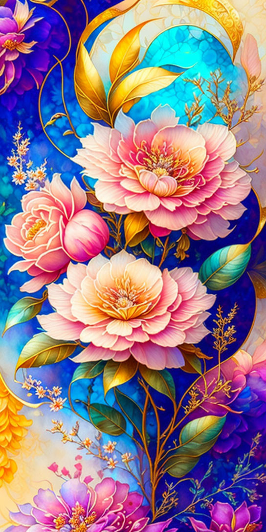 Colorful Stylized Pink Peonies and Golden Foliage on Blue Background